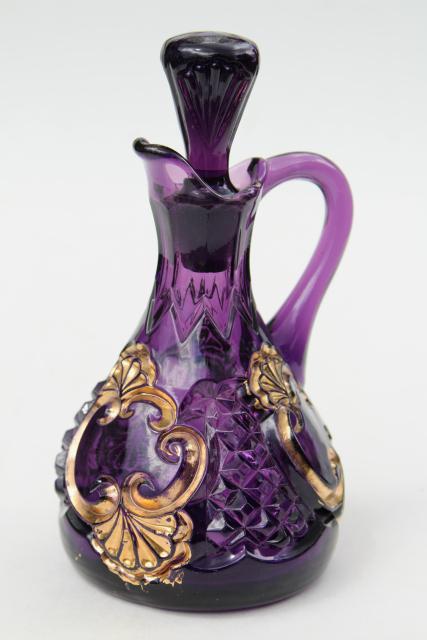 antique EAPG amethyst purple & gold glass cruet bottle, Croesus 1890s vintage