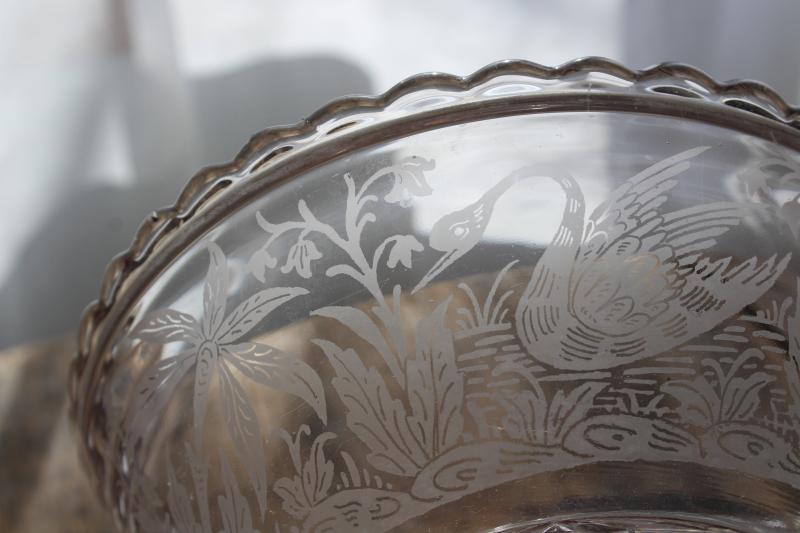 antique EAPG compote, feeding swan etched or crystal print pattern pressed glass