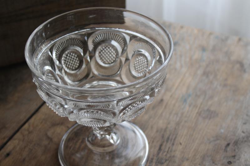 antique EAPG glass compote bowl, diamond point disk and crescent or eyewinker