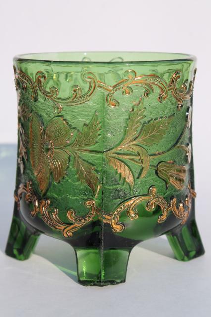 antique EAPG green glass celery vase Floradora pattern pressed glass bohemian gold