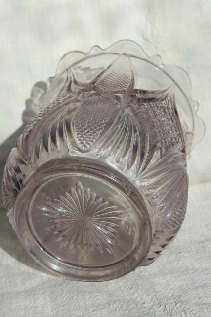 antique EAPG pattern glass spooner vase or biscuit jar, sun purple lavender glass