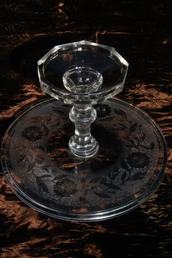 antique EAPG pressed glass cake stand, stippled dahlia pattern sandwich glass plate