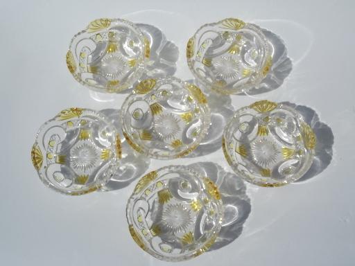 antique EAPG pressed pattern glass fruit bowls, canary yellow stain