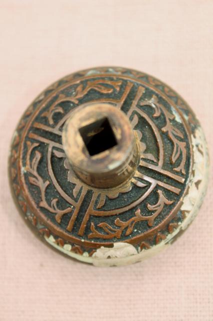 antique Eastlake door knob, heavy solid brass or bronze door hardware w/ original patina