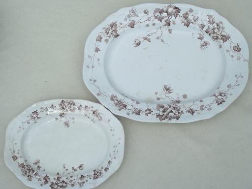 antique English Staffordshire china, brown transferware serving pieces set