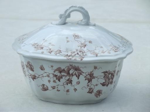 antique English Staffordshire china, brown transferware serving pieces set