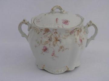 antique English floral transferware biscuit jar or cube sugar dish w/ cover, Ridgways china