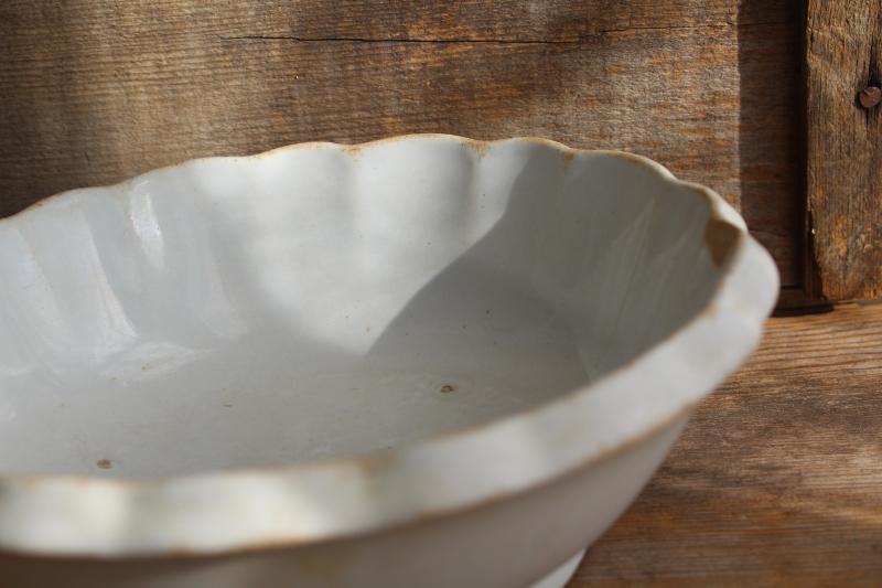 antique English ironstone bowl, deep dish w/ pie crust edge - rustic vintage white china