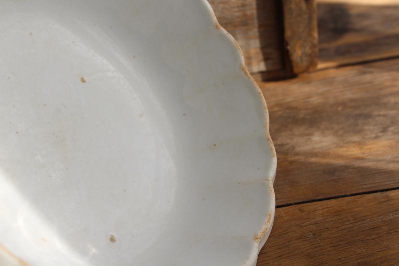 antique English ironstone bowl, deep dish w/ pie crust edge - rustic vintage white china