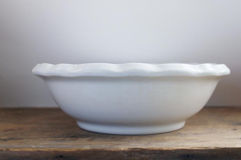 antique English ironstone bowl, deep dish w/ pie crust edge, rustic vintage white china