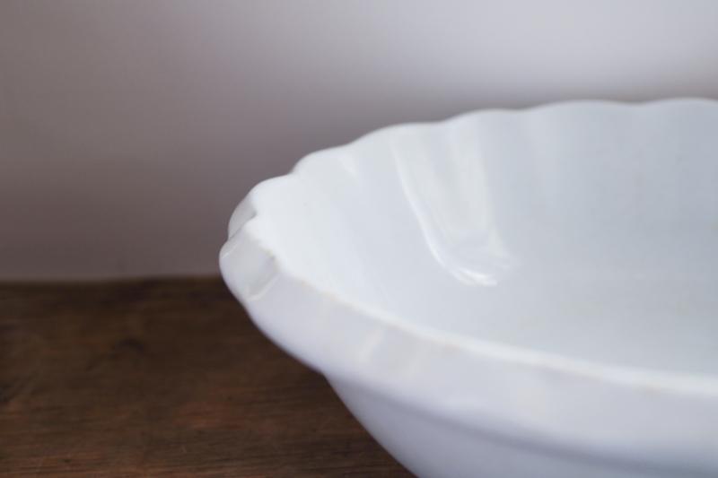 antique English ironstone bowl, deep dish w/ pie crust edge, rustic vintage white china