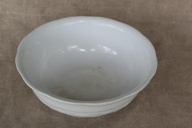 antique English ironstone bowl w/ embossed basketweave pattern, heavy white ironstone china