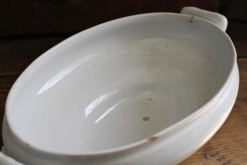 antique English ironstone china, all white oval vegetable dish, covered bowl or tureen