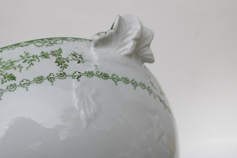 antique English transferware china, footed bowl w/ handles, semi-porcelain ironstone 