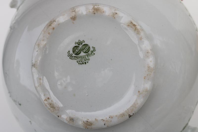 antique English transferware china, footed bowl w/ handles, semi-porcelain ironstone 