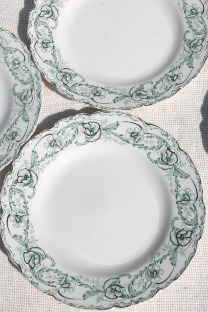 antique English transferware china plates, Johnson Brothers Beaufort green floral
