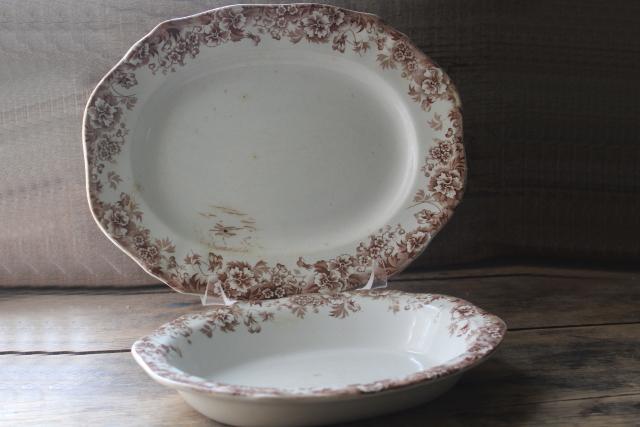 antique English transferware china platter oval bowl, brown transfer pansy pattern floral