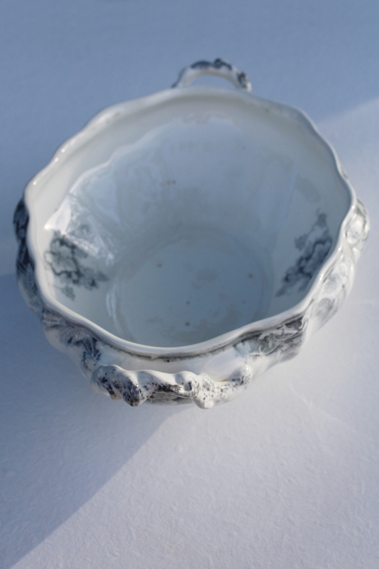 antique English transferware china serving bowl, oval dish w/ handles, Harvest pattern