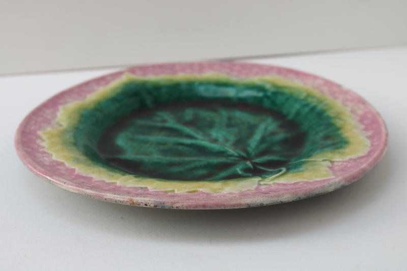 antique Etruscan majolica pottery, round plate w/ begonia leaf, pink basketweave border
