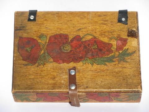 antique Flemish art tinted pyography box w/ red poppies, vintage lap desk
