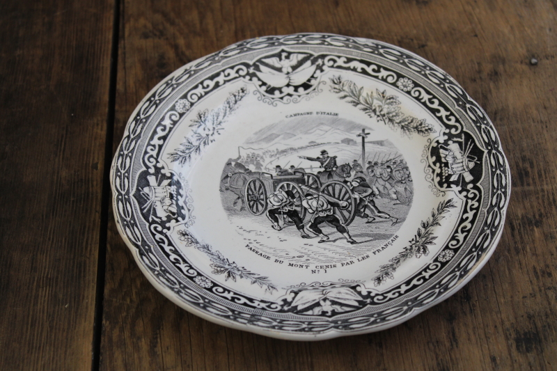 antique French Gien faience pottery plate black transferware 1859 military scene number 1