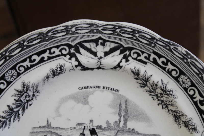 antique French Gien faience pottery plate black transferware 1859 military scene number 10