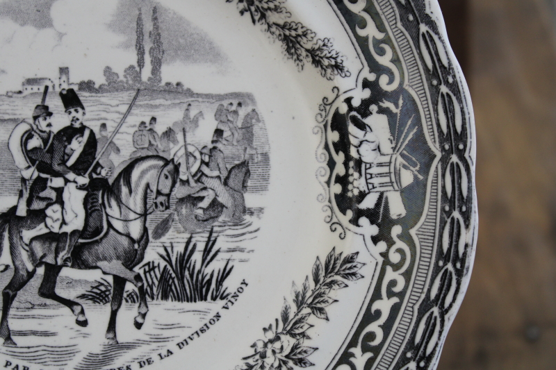 antique French Gien faience pottery plate black transferware 1859 military scene number 10