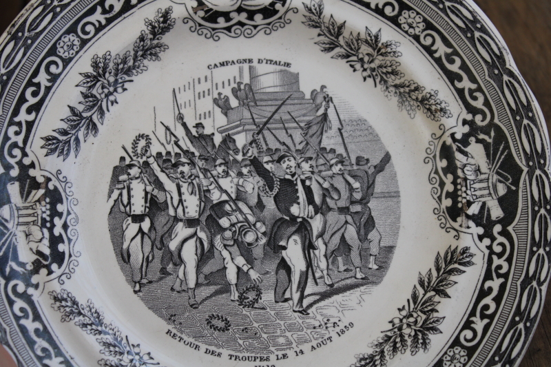 antique French Gien faience pottery plate black transferware 1859 military scene number 19