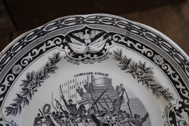 antique French Gien faience pottery plate black transferware 1859 military scene number 19