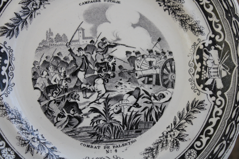antique French Gien faience pottery plate black transferware 1859 military scene number 4