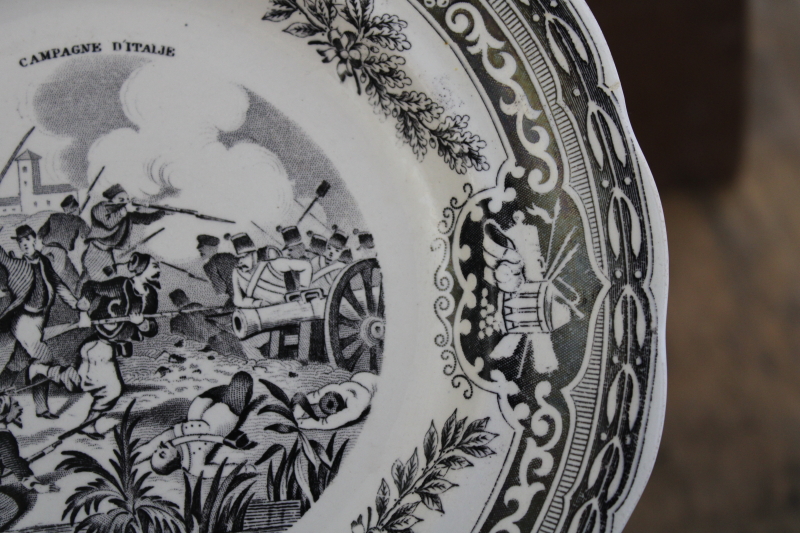 antique French Gien faience pottery plate black transferware 1859 military scene number 4