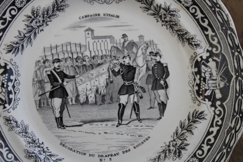 antique French Gien faience pottery plate black transferware 1859 military scene number 5