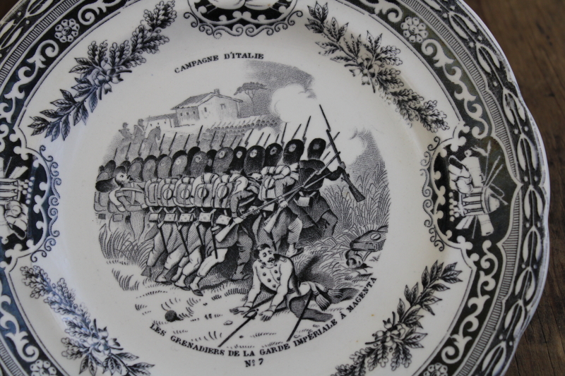 antique French Gien faience pottery plate black transferware 1859 military scene number 7
