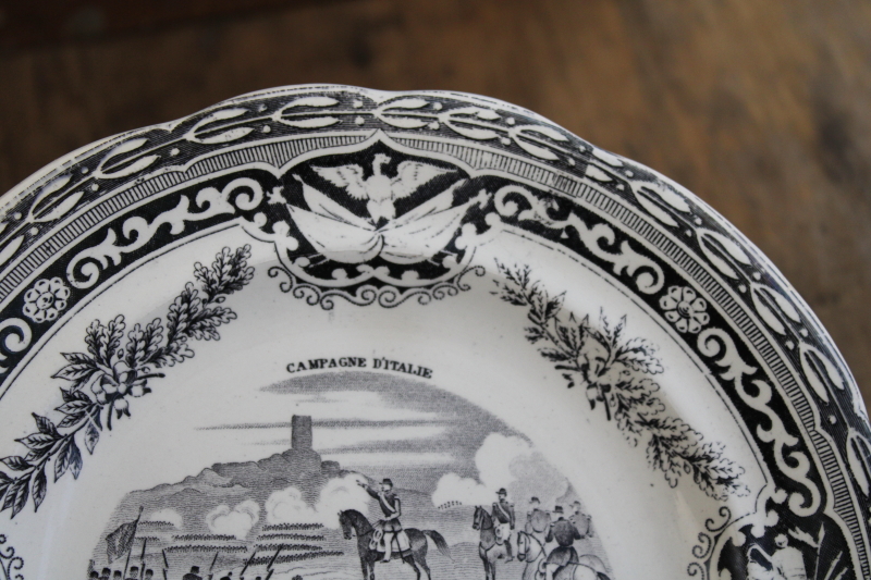 antique French Gien faience pottery plate black transferware 1859 military scene number 9