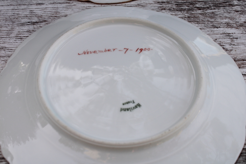 antique French Haviland china plates dated 1900, hand painted encrusted gold S monogram