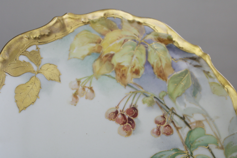 antique French Limoges china plate w/ autumn leaves  berries, hand painted encrusted gold
