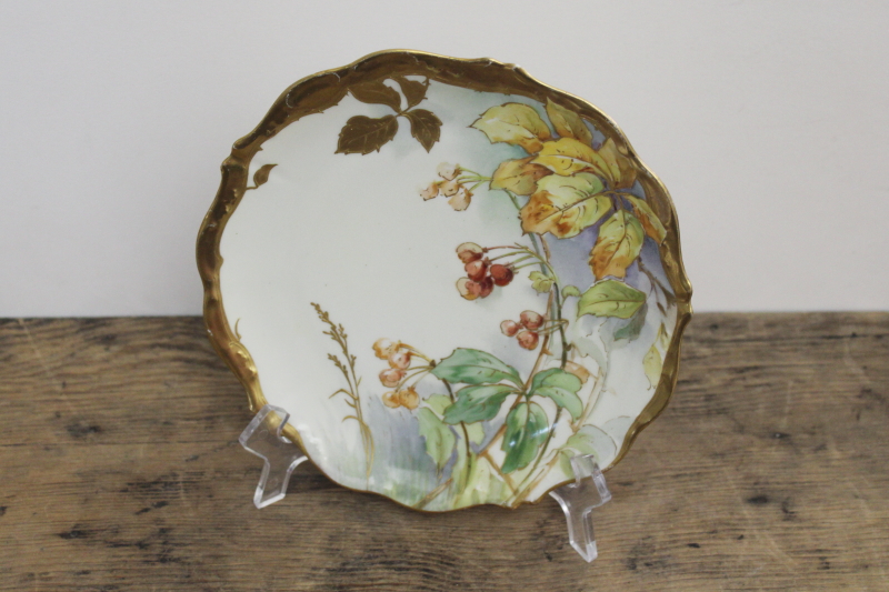 antique French Limoges china plate w/ autumn leaves  berries, hand painted encrusted gold