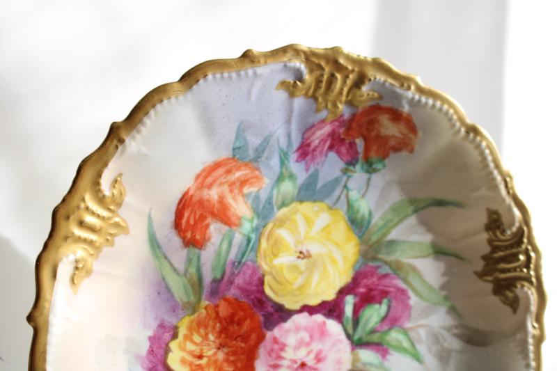 antique French Limoges china plate w/ embossed border, hand painted flowers