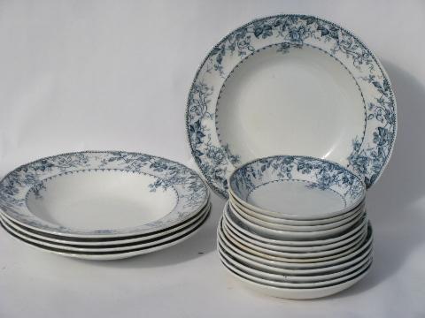 antique Furnivals England transferware blue and white china soup plates, bowls