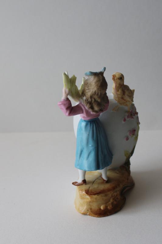 antique German bisque china figurine Easter egg w/ baby chick girl holding garland