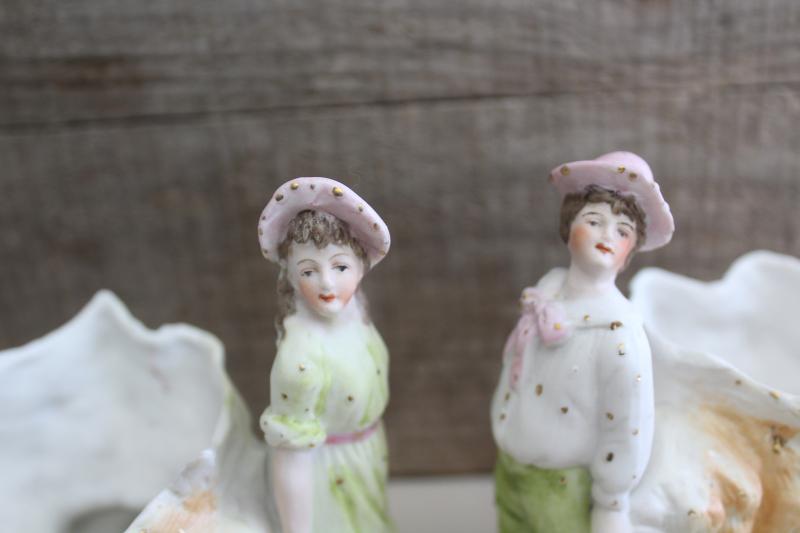 antique German bisque china figurines, art nouveau couple, boy & girl w/ sea shell carts