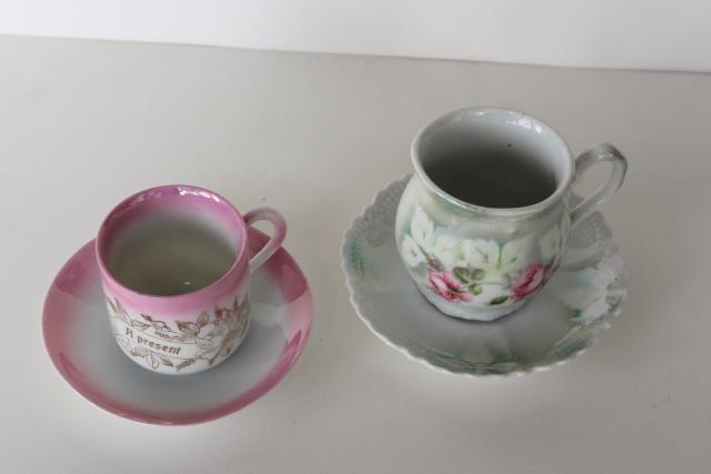 antique German china demitasse cups & saucers, A Present motto hand painted luster roses