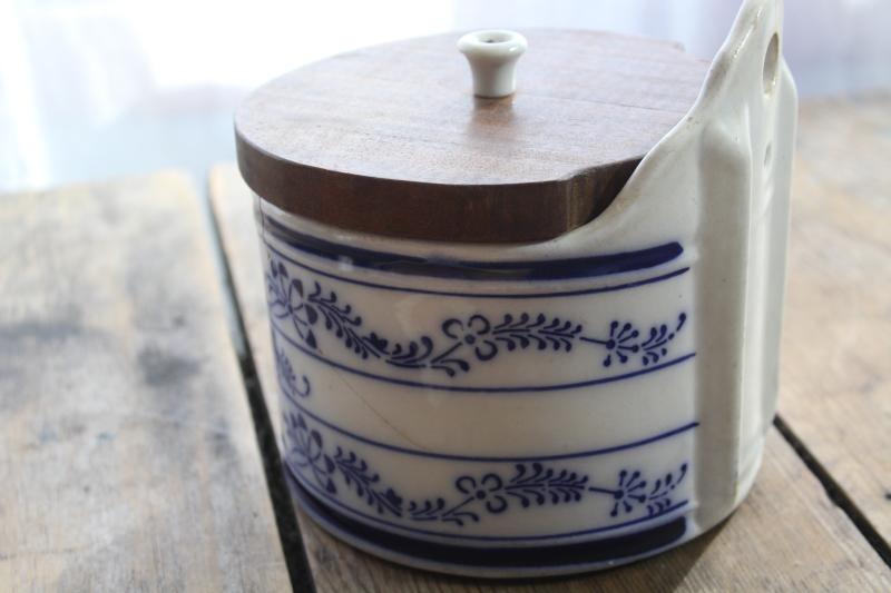 antique German flow blue china salt box, onion pattern wall hanging canister w/ wood lid