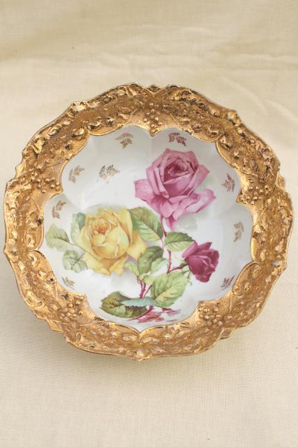 antique German gold encrusted porcelain bowl, early 1900s vintage floral china serving dish
