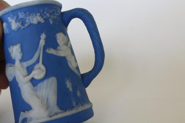 antique German jasperware china pitcher, blue and white raised relief classical scene