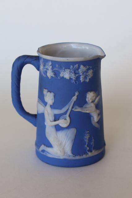 antique German jasperware china pitcher, blue and white raised relief classical scene
