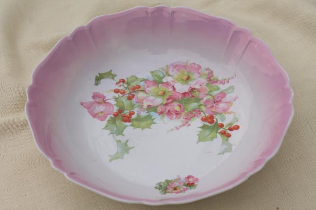 antique German painted china bowl w/ pink Christmas rose hellabore flowers & holly 