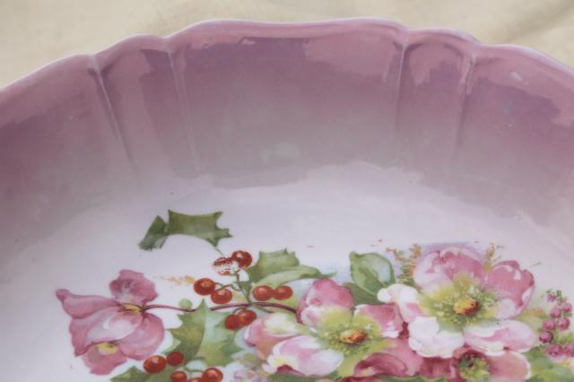 antique German painted china bowl w/ pink Christmas rose hellabore flowers & holly 