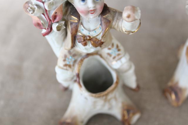 antique German porcelain figurines, Bohemian or Dresden china basket & candlesticks