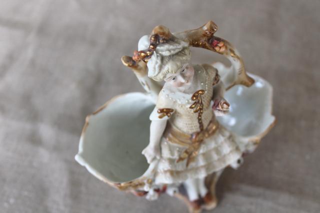 antique German porcelain figurines, Bohemian or Dresden china basket & candlesticks
